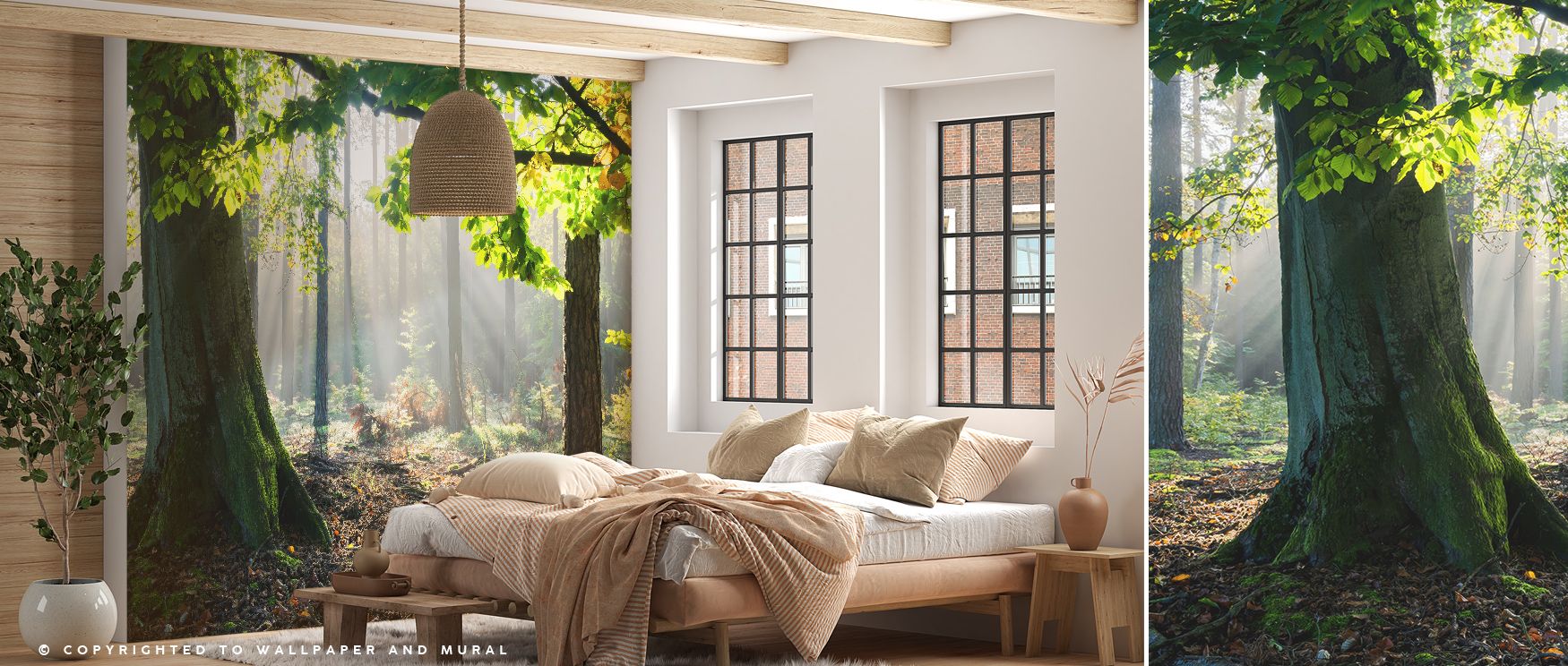 Radiance flows across this mural as beams pierce through foliage. The Mystical Forest Sunrays Wallpaper blends depth with harmony, enhancing bedrooms, offices, or living rooms. Its palette emphasizes serenity, grounding interiors in balance. Walls become 