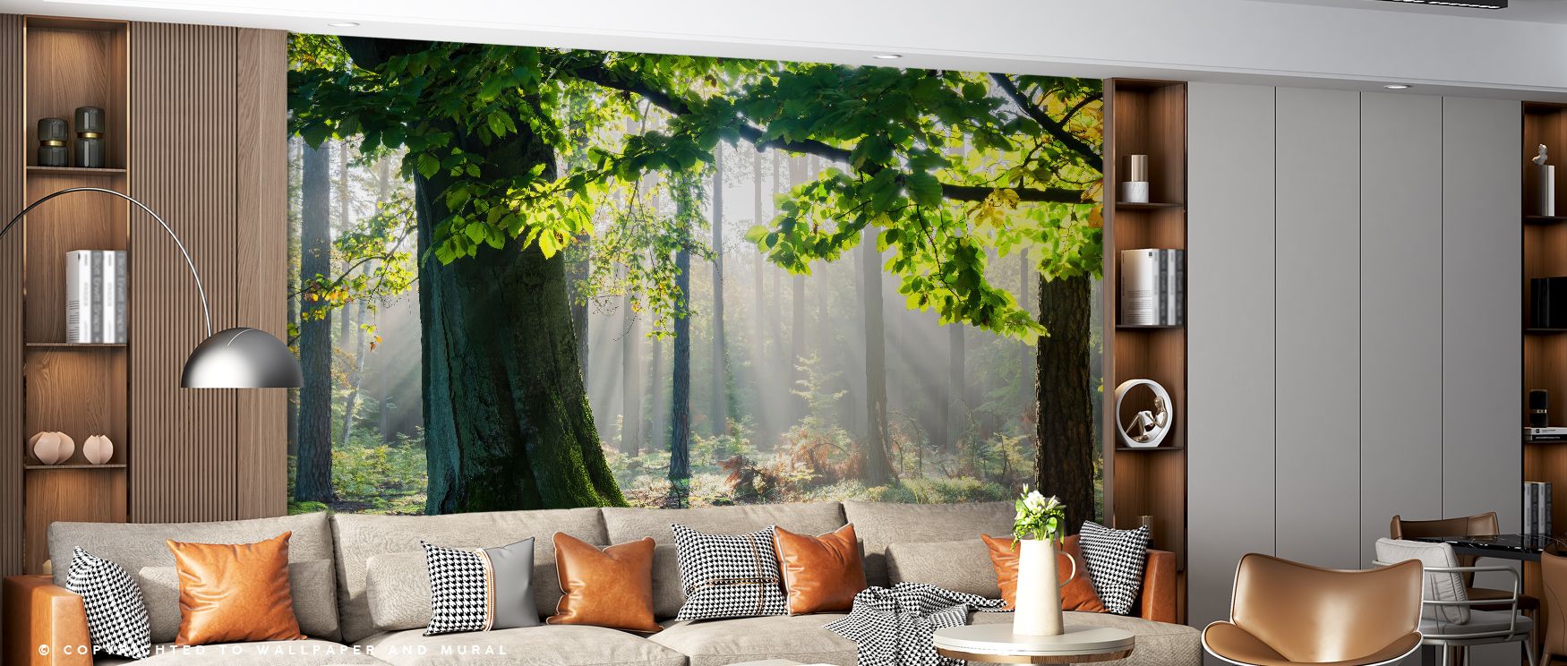 Layers of light define the mural, softening greens with golden highlights. The Mystical Forest Sunrays Wallpaper conveys natural elegance through balance of shadow and glow. Bedrooms, offices, or communal areas thrive under its imagery, gaining tranquilit