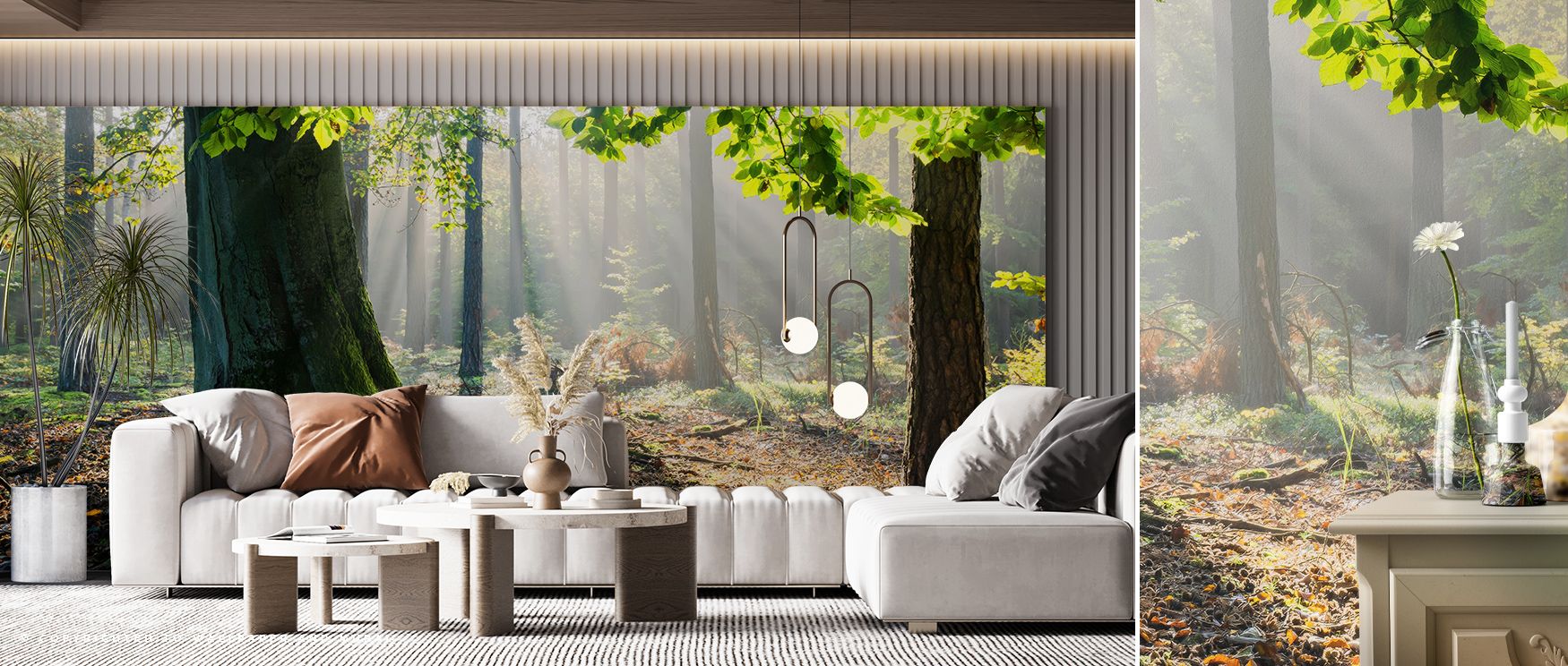 Greens and golds merge throughout the mural, forming soft gradients. The Mystical Forest Sunrays Wallpaper conveys grounding calm while retaining luminous energy. Bedrooms, living rooms, or offices benefit from its imagery, gaining serene rhythm. Walls tr