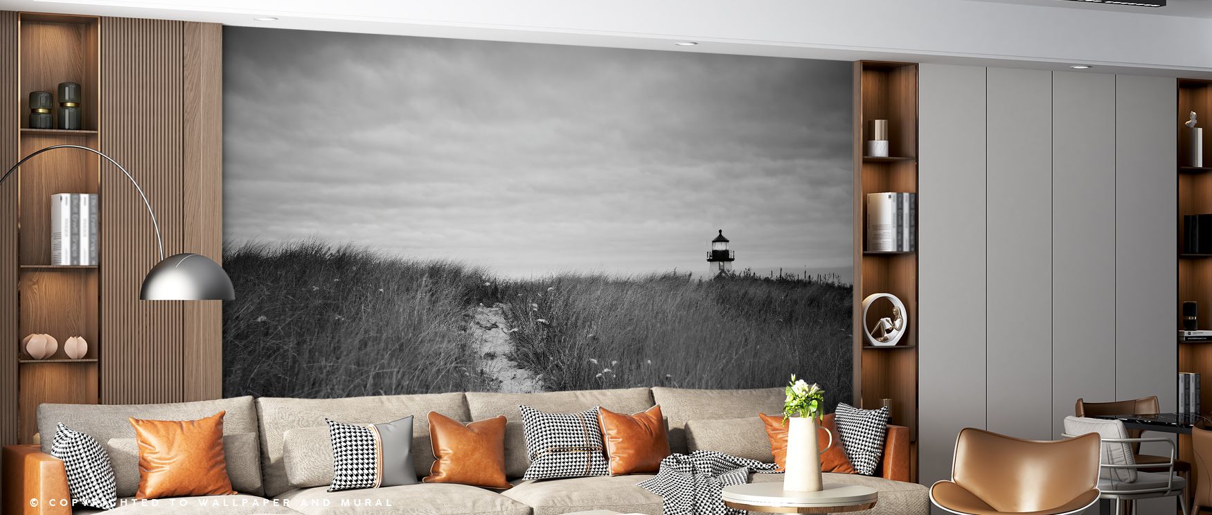 Subdued tones across the mural highlight depth and rhythm. The Nantucket Light Wallpaper conveys serenity through simple elegance. Bedrooms, offices, or lounges adapt easily to its palette, gaining atmosphere of grounding calm. Its design reflects coastal