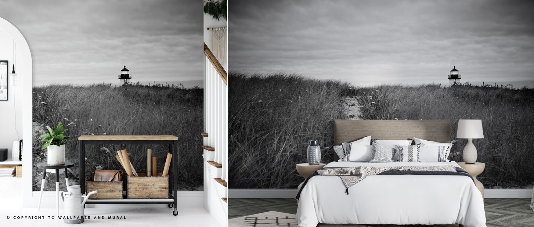 Light shifts softly across sea and sky, enriching the mural with calm rhythm. The Nantucket Light Wallpaper emphasizes coastal beauty through balance of tone. Bedrooms, offices, or living spaces resonate with its presence, gaining tranquility. The mural r