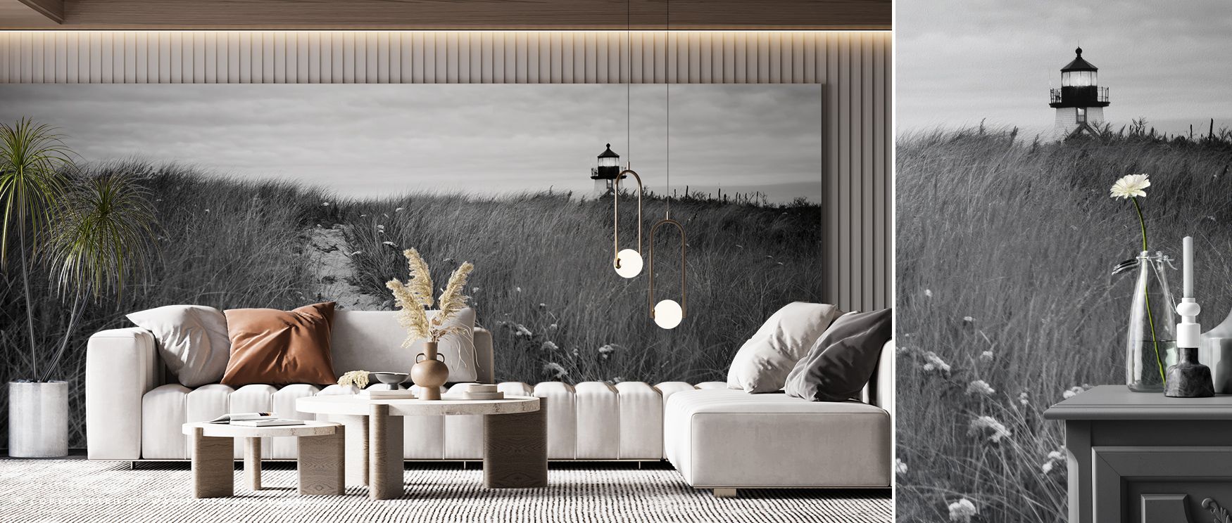 Ocean calm radiates from the mural, carrying subtle tones across the horizon. The Nantucket Light Wallpaper brings balance and stillness into bedrooms, offices, or lounges. Its imagery resonates with coastal rhythm, grounding interiors in serenity. Walls 