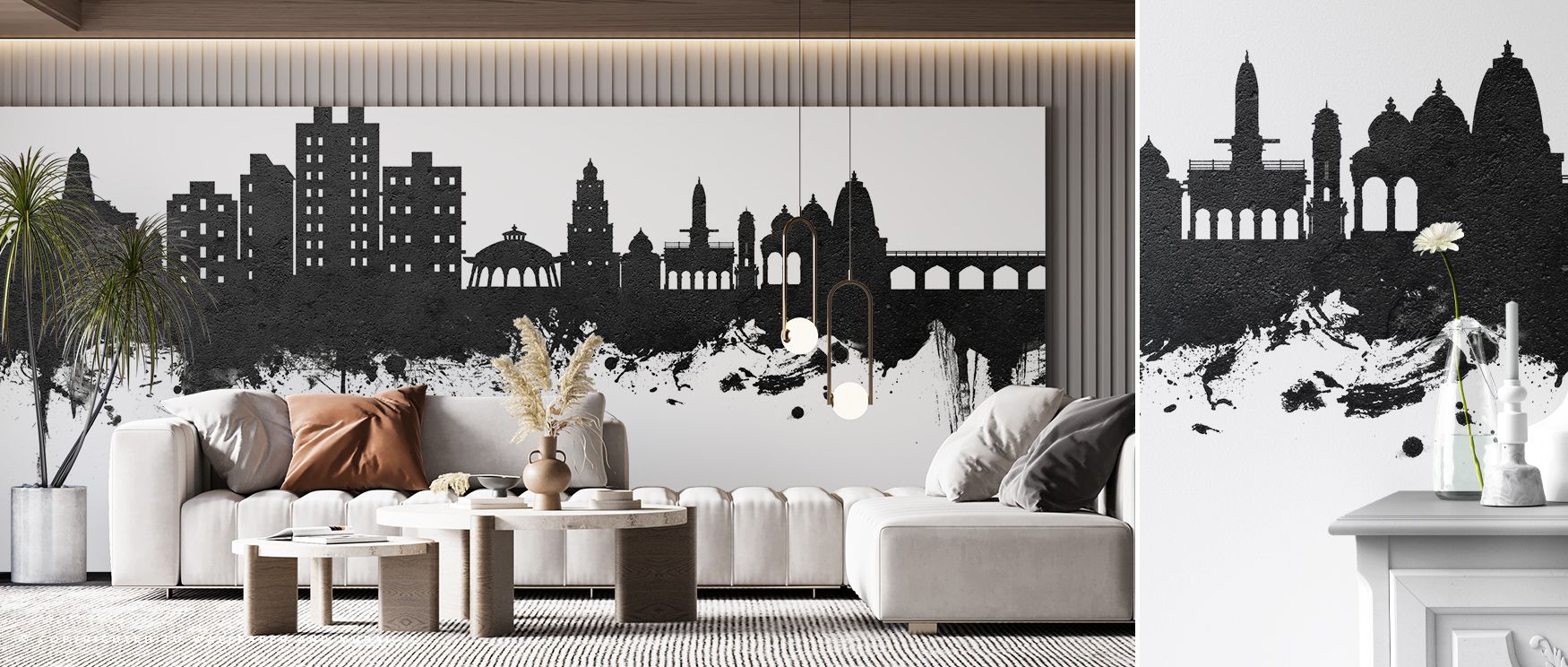 Elegance radiates through gray and white contrasts across the mural. The Nashik India Skyline Black & White Wallpaper enriches interiors with cultural identity. Bedrooms, lounges, or offices benefit from its imagery, gaining calm sophistication. Its palet