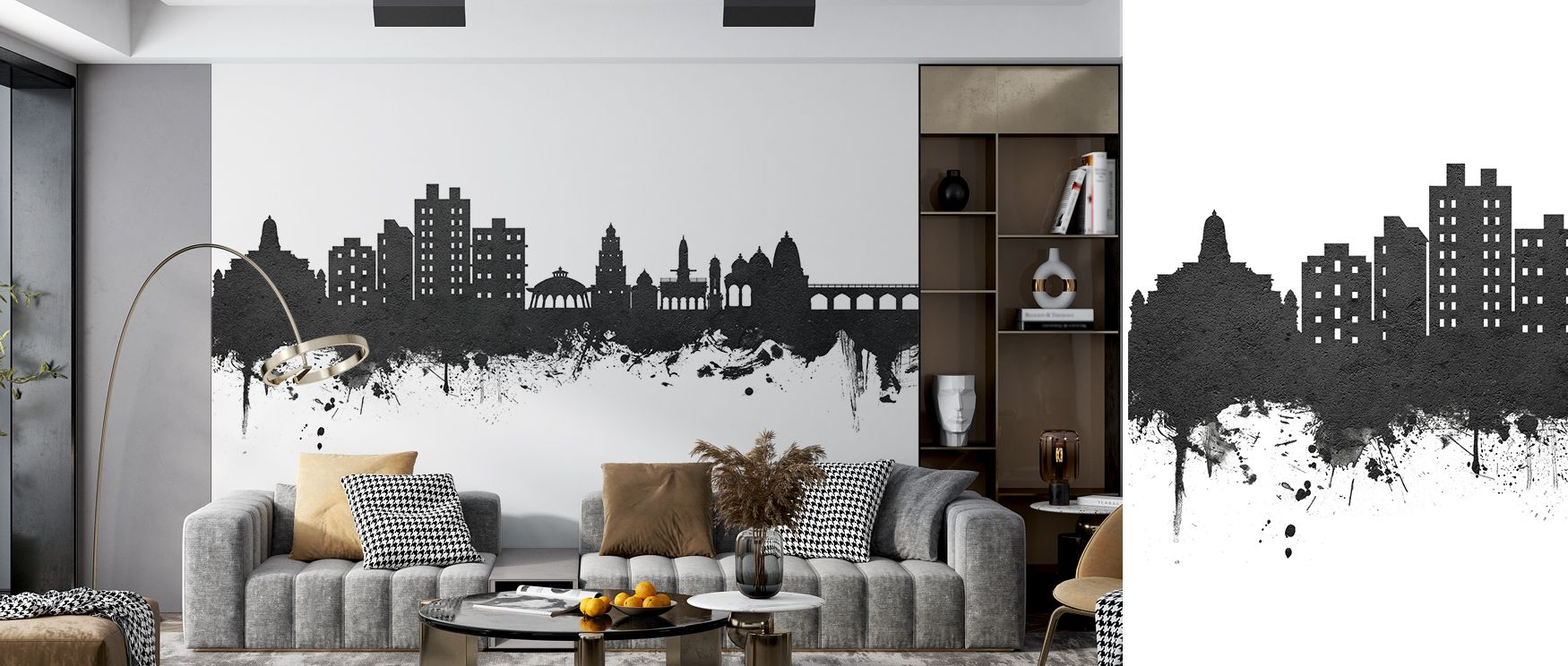 A horizon framed in monochrome tones emphasizes resilience and charm. The Nashik India Skyline Black & White Wallpaper conveys balance, grounding bedrooms, offices, or living rooms in calm sophistication. Its imagery transforms interiors with cultural art