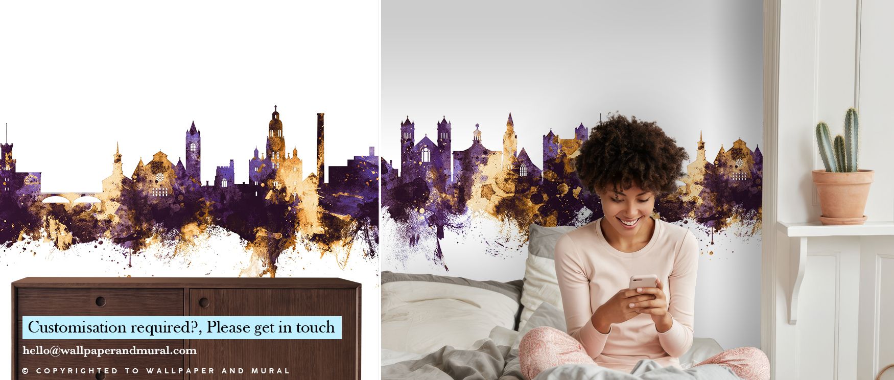 Silhouettes framed in regal tones create balance across the mural. The Nashua New Hampshire Skyline Purple & Gold Wallpaper conveys luxury through cultural refinement. Bedrooms, offices, or communal areas benefit from its imagery, gaining atmosphere of ca