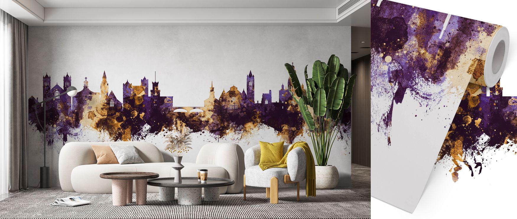 Rich tones of purple and gold flow across the mural, offering cultural artistry with rhythm. The Nashua New Hampshire Skyline Purple & Gold Wallpaper transforms bedrooms, offices, or living spaces with balance. Its imagery conveys metropolitan identity wh