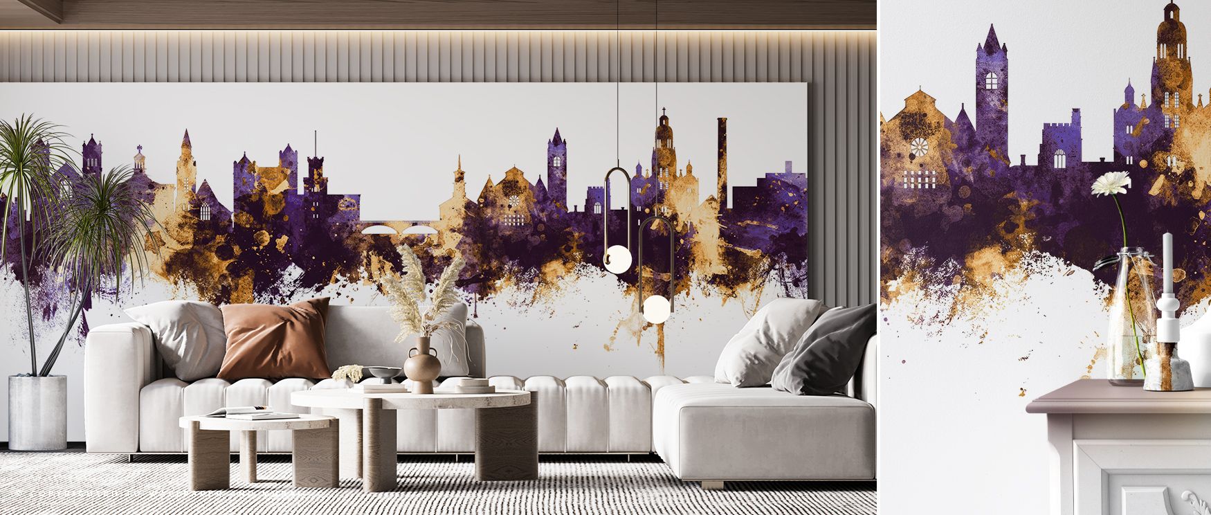 Shadows highlight architectural rhythm across the skyline. The Nashua New Hampshire Skyline Purple & Gold Wallpaper emphasizes cultural elegance with regal tones. Bedrooms, lounges, or offices benefit from its presence, gaining calm atmosphere. Its imager