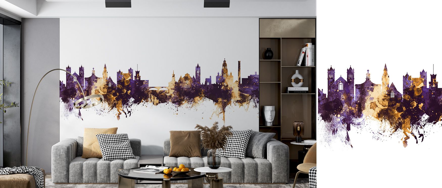 Elegance radiates from silhouettes framed in regal tones of purple and gold. The Nashua New Hampshire Skyline Purple & Gold Wallpaper enriches bedrooms, offices, or living spaces with sophistication. Its palette conveys resilience, grounding interiors in 