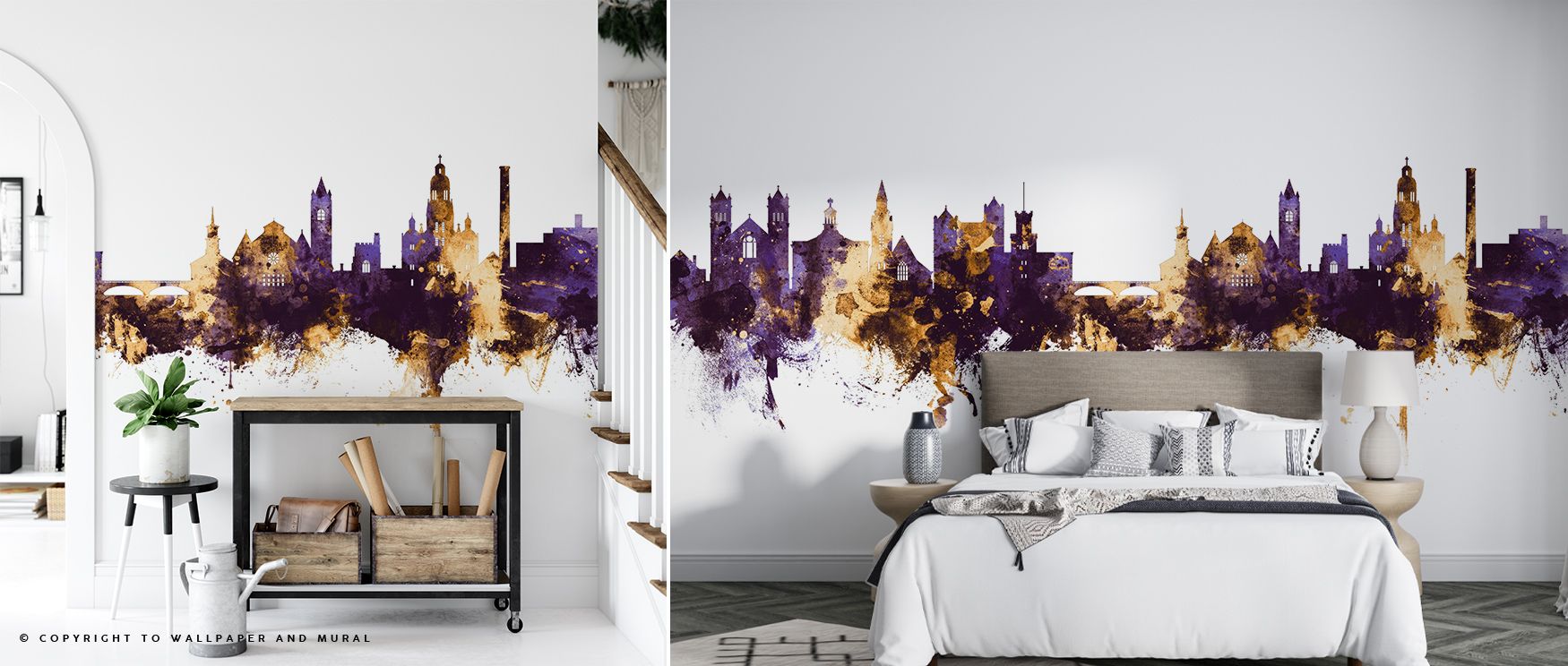 Regal contrasts emphasize resilience across the skyline. The Nashua New Hampshire Skyline Purple & Gold Wallpaper enriches bedrooms, offices, or living areas with cultural refinement. Its imagery creates balance, grounding interiors in metropolitan elegan