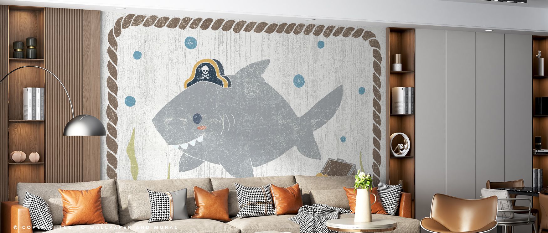 Soft blues and grays create harmony across the mural, presenting sharks in whimsical detail. The Nautical Friends Sharky Wallpaper enriches bedrooms, playrooms, or living areas with atmosphere of calm fun. Its design sparks creativity, turning walls into 