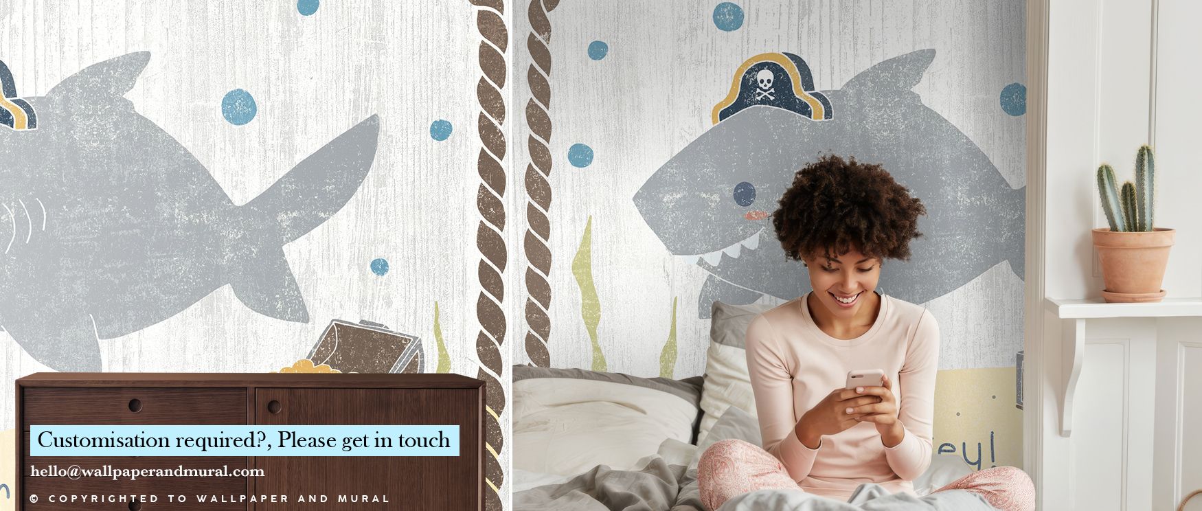 Gentle contrasts enhance detail across illustrations in the mural. The Nautical Friends Sharky Wallpaper conveys playful artistry, offering interiors whimsical rhythm. Bedrooms, offices, or communal spaces benefit from its imagery, gaining cheerful calm. 