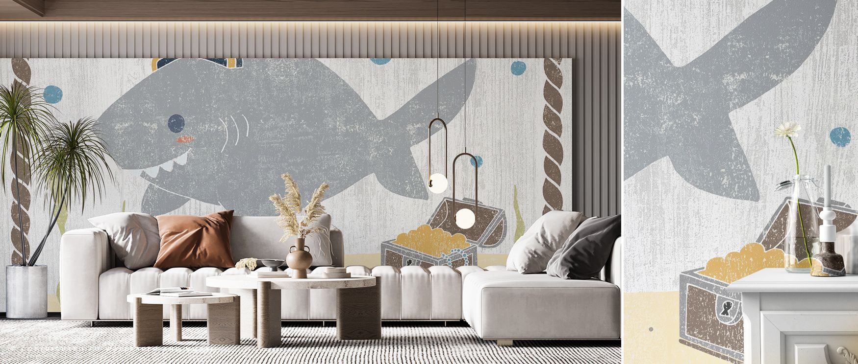 Smiling characters and gentle tones radiate across this mural. The Nautical Friends Sharky Wallpaper enhances bedrooms, living areas, or playrooms with playful artistry. Its imagery conveys creativity and charm, grounding interiors in whimsical calm. Wall