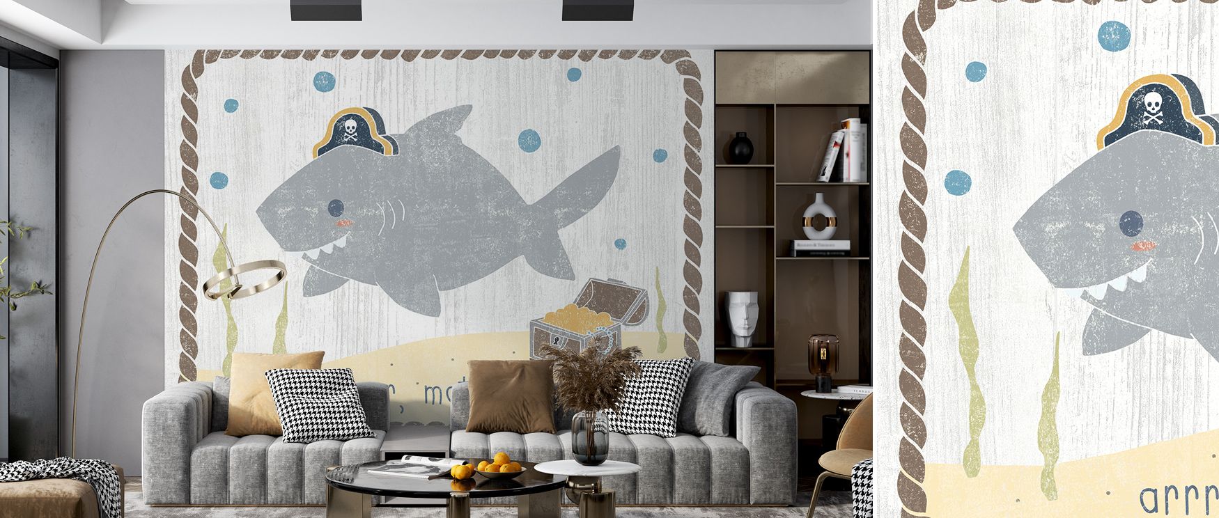 Whimsical artistry shines through every shark illustration. The Nautical Friends Sharky Wallpaper enriches bedrooms, nurseries, or communal spaces with charm and balance. Its palette conveys fun and serenity, grounding interiors in imaginative rhythm. Wal