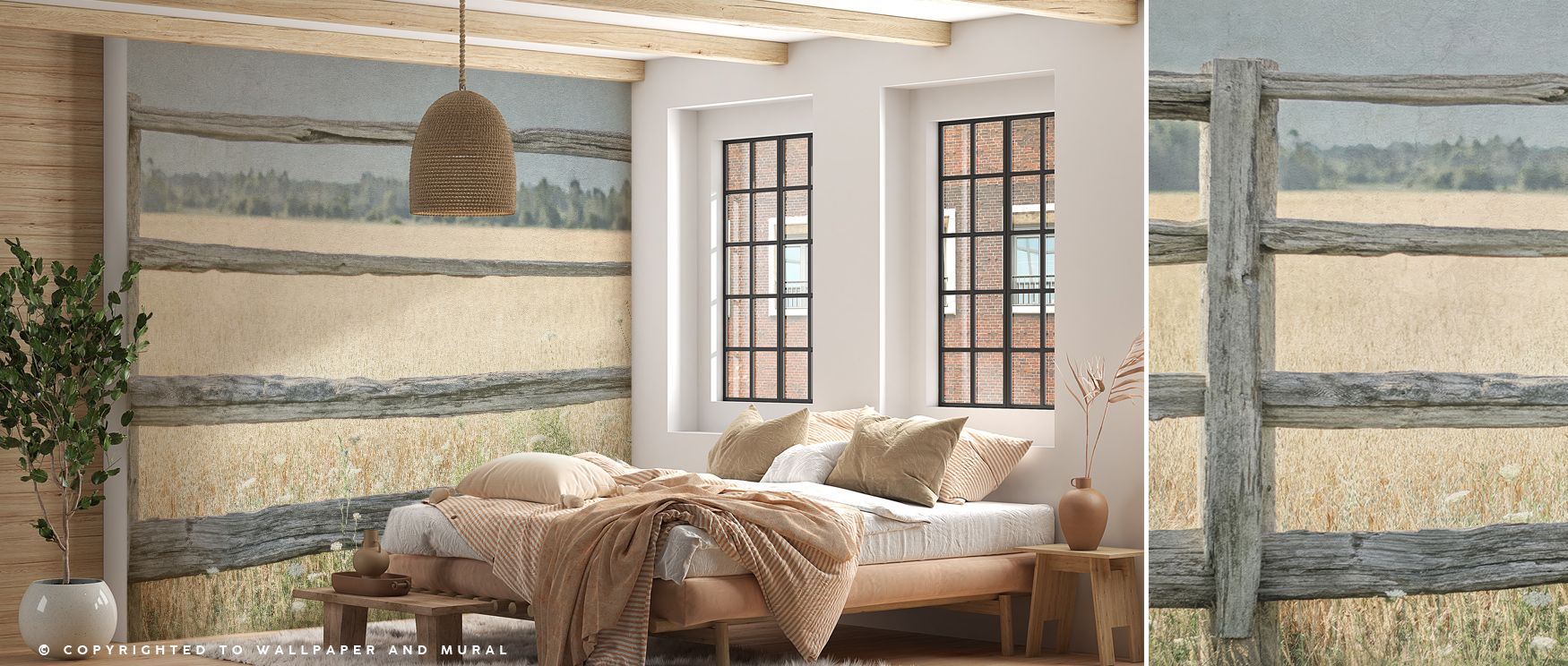 Elegance emerges from soft tones flowing across the mural. The Neutral Country I Wallpaper emphasizes balance and charm, enhancing bedrooms, lounges, or offices with rustic refinement. Its imagery resonates with serenity, grounding interiors in atmosphere