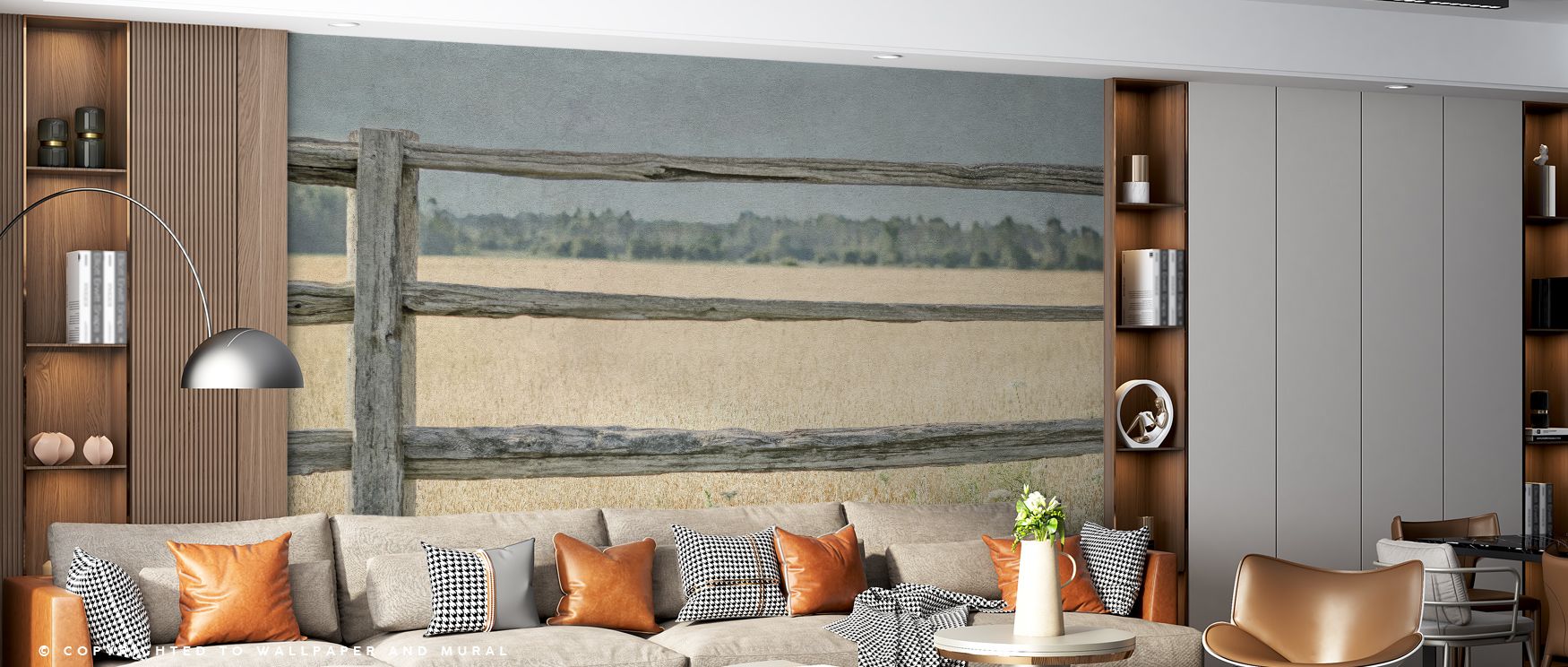 Muted contrasts across the mural enhance subtle depth. The Neutral Country I Wallpaper conveys countryside artistry with calm rhythm. Bedrooms, offices, or living spaces gain grounding presence. Its palette enriches décor with rustic balance, filling inte