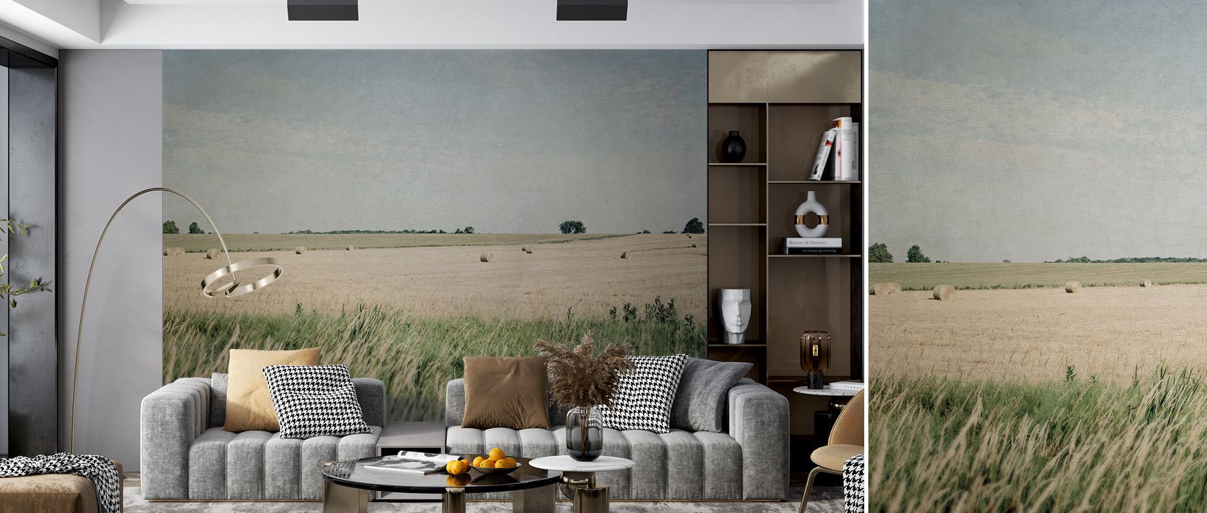 The countryside inspiration in Neutral Country II Wallpaper blends muted tones with rustic charm, offering timeless elegance. Its design creates warm, serene atmospheres within bedrooms and living rooms, surrounding interiors with authentic sophistication