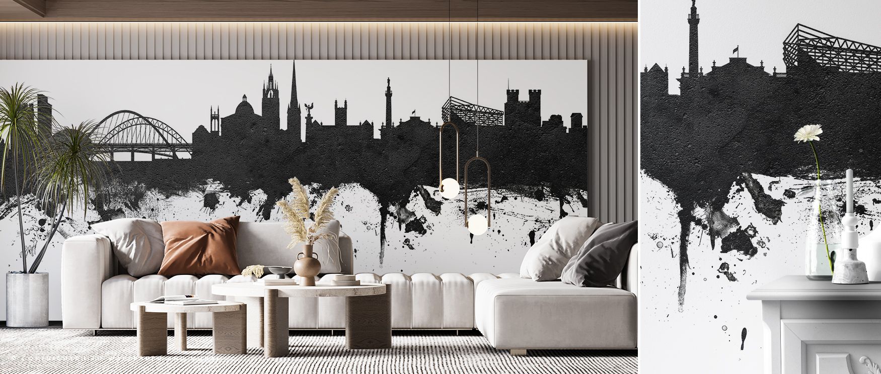 The essence of Newcastle appears in its Black & White Skyline Wallpaper, blending contrasts with architectural clarity. Its design enhances bedrooms and living rooms, surrounding interiors with cultural depth, elegance, and timeless sophistication rooted 