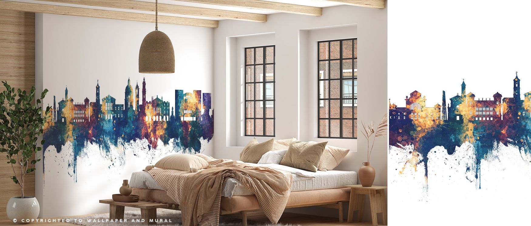 Landmark silhouettes emerge vividly in Nice France Skyline Blue & Bronze Wallpaper, emphasizing architectural beauty with dramatic tones. Interiors are transformed into sophisticated environments, with bedrooms and living rooms gaining atmosphere filled w