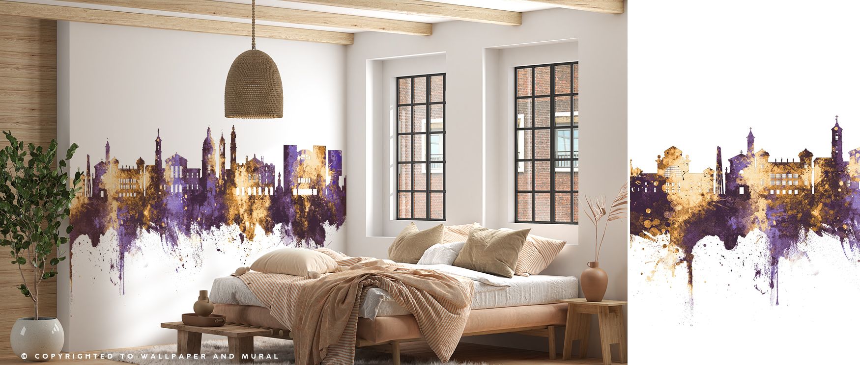 Dramatic elegance defines Nice France Skyline Purple & Gold Wallpaper, with glowing gold illuminating deep purple tones. Interiors such as bedrooms and living rooms gain refinement, charm, and cultural identity. The skyline radiates grandeur, surrounding 