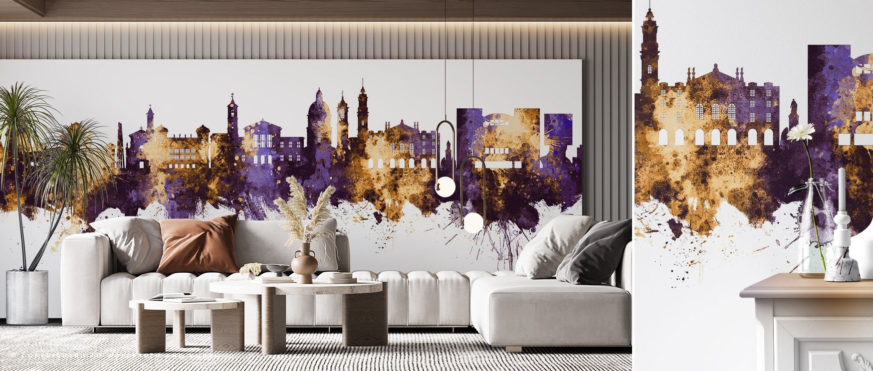 Regal intensity enhances Nice France Skyline Purple & Gold Wallpaper, presenting landmarks in luminous tones. Bedrooms and living rooms resonate with cultural identity, sophistication, and artistic refinement. The design captures architectural presence wi