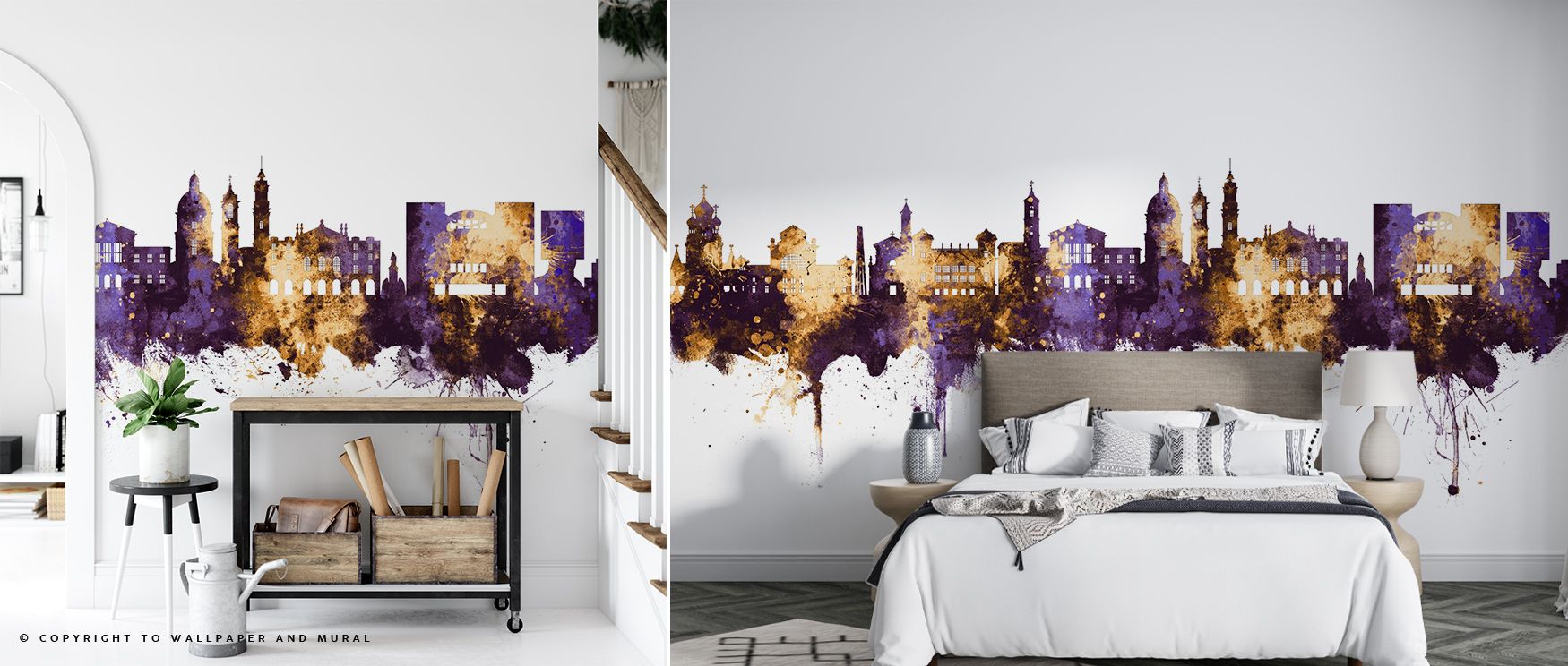 Opulent brilliance shines in Nice France Skyline Purple & Gold Wallpaper, celebrating architectural beauty with glowing tones. Bedrooms and living rooms are enriched with regal presence, cultural pride, and elegant refinement. The design surrounds interio