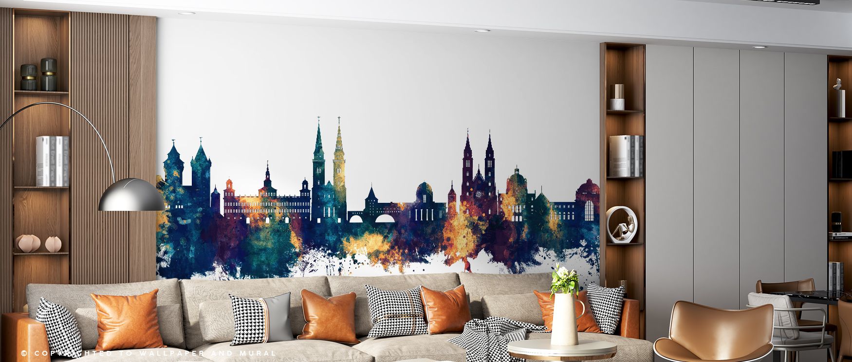 Landmark silhouettes radiate elegance in Nuremberg Germany Skyline Blue & Bronze Wallpaper, with glowing bronze accents enhancing deep blue tones. Bedrooms and living rooms benefit from balance and refinement, capturing urban pride while celebrating artis