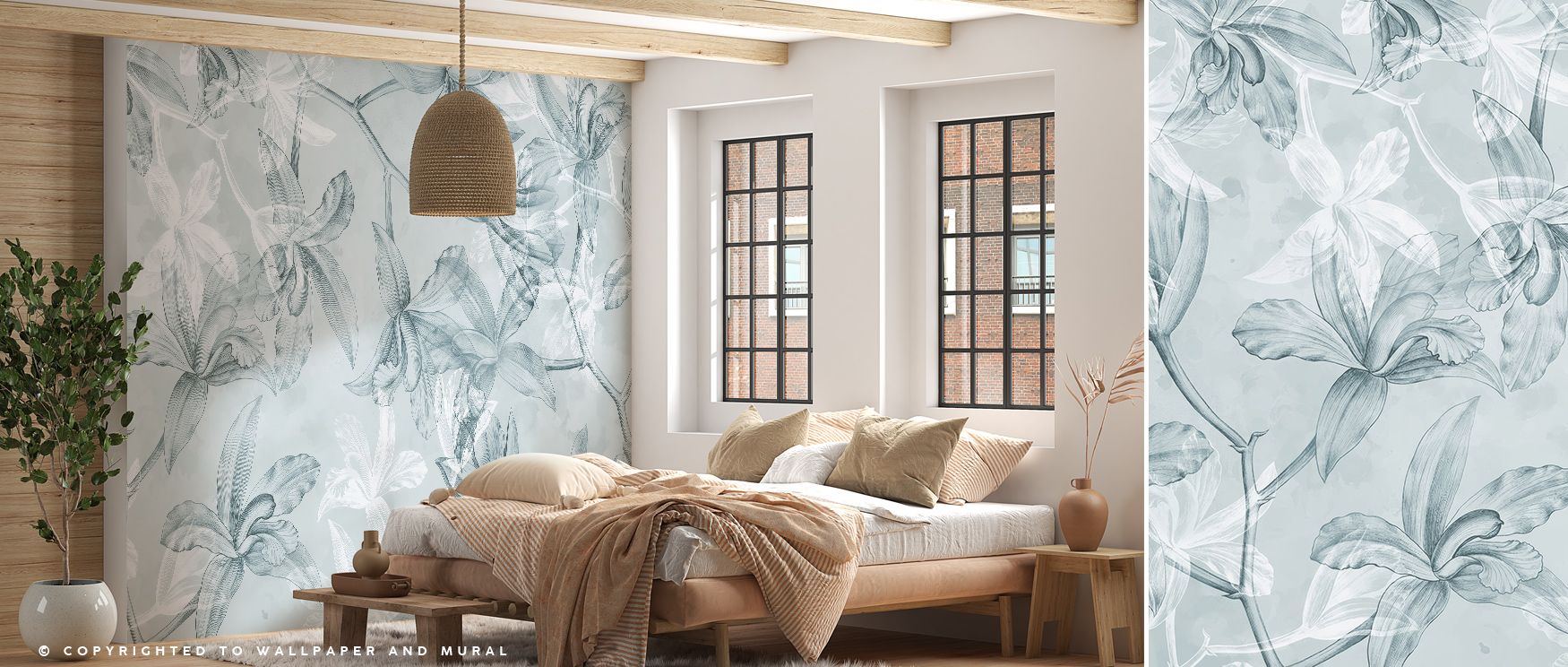 Delicate blooms enrich Orchids on Water in Teal Wallpaper, reflecting serene artistry through teal tones. Bedrooms and living rooms are filled with peaceful elegance, natural resonance, and refined character, surrounding interiors with calm depth and time