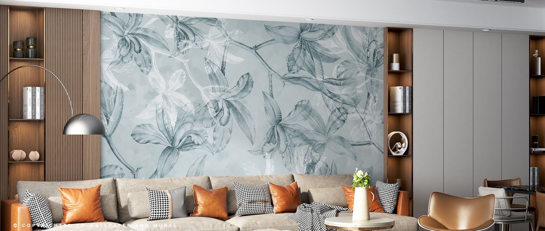 Botanical refinement appears in Orchids on Water in Teal Wallpaper, blending teal serenity with graceful floral imagery. Bedrooms and living rooms benefit from atmosphere filled with charm, tranquility, and elegance, creating interiors enriched with natur
