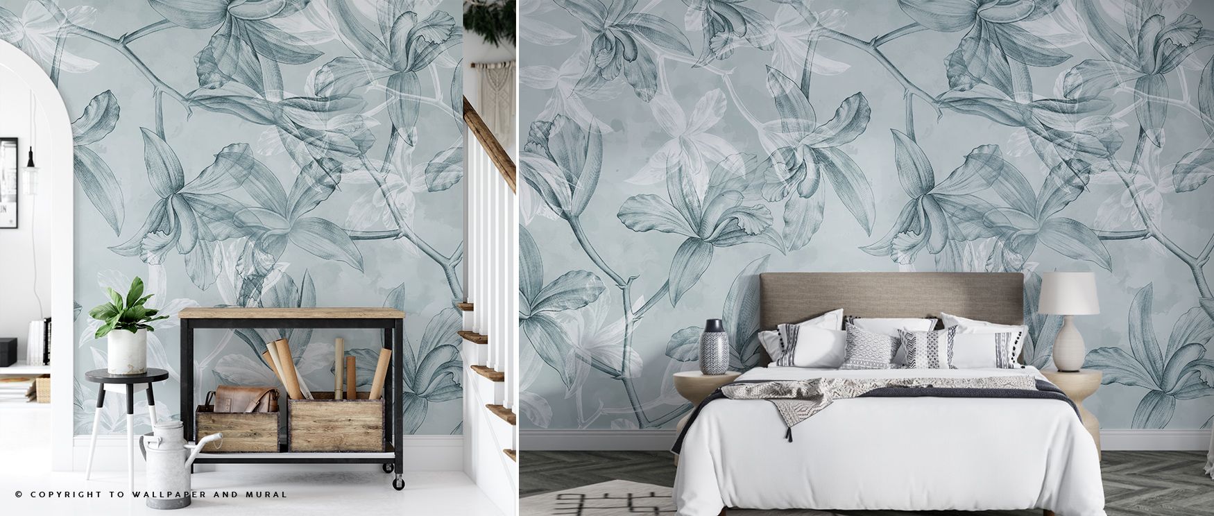 Tranquil resonance flows from Orchids on Water in Teal Wallpaper, reflecting orchids across a calming palette. Bedrooms and living rooms become enriched by refinement, elegance, and charm, surrounding spaces with atmosphere that reflects sophistication, b