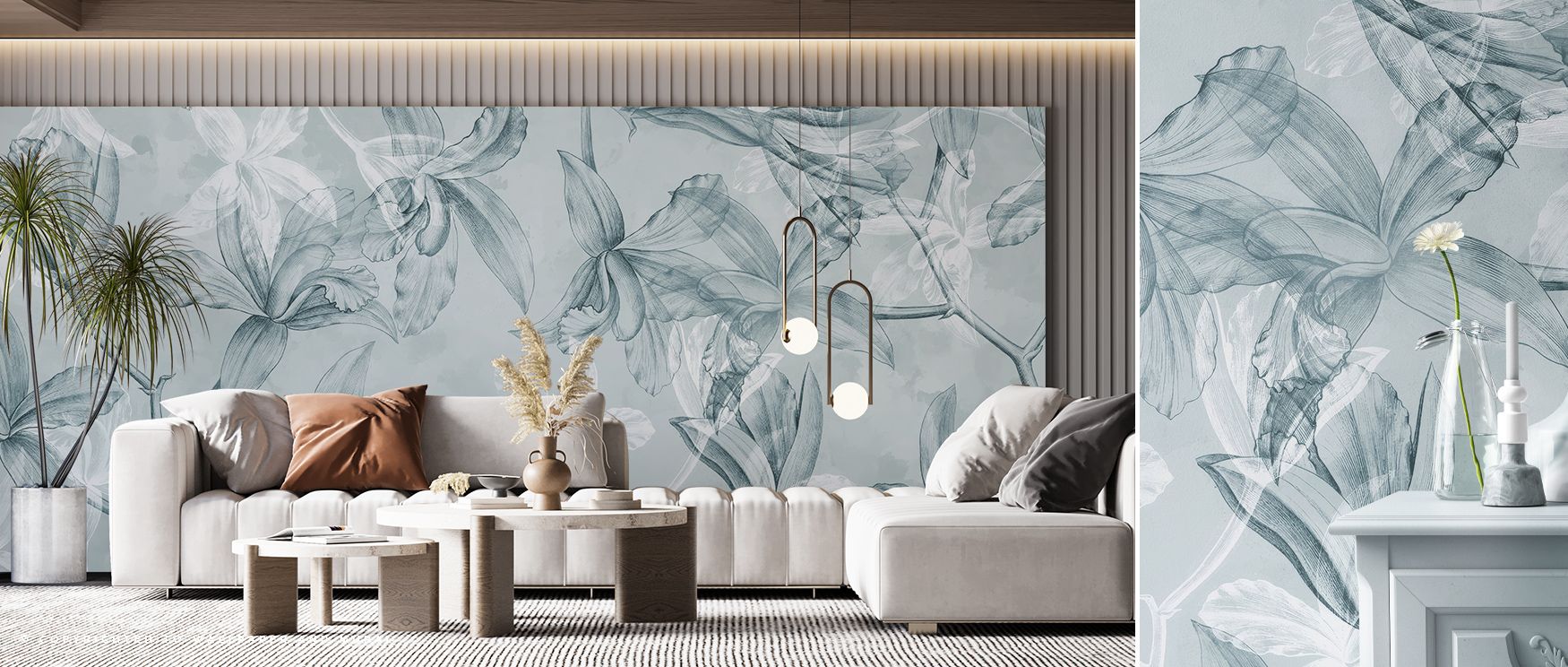 Artistic calm radiates from Orchids on Water in Teal Wallpaper, highlighting blooms across teal tones. Bedrooms and living rooms are enriched with refinement, balance, and timeless artistry, surrounding interiors with natural grace, tranquility, and sophi