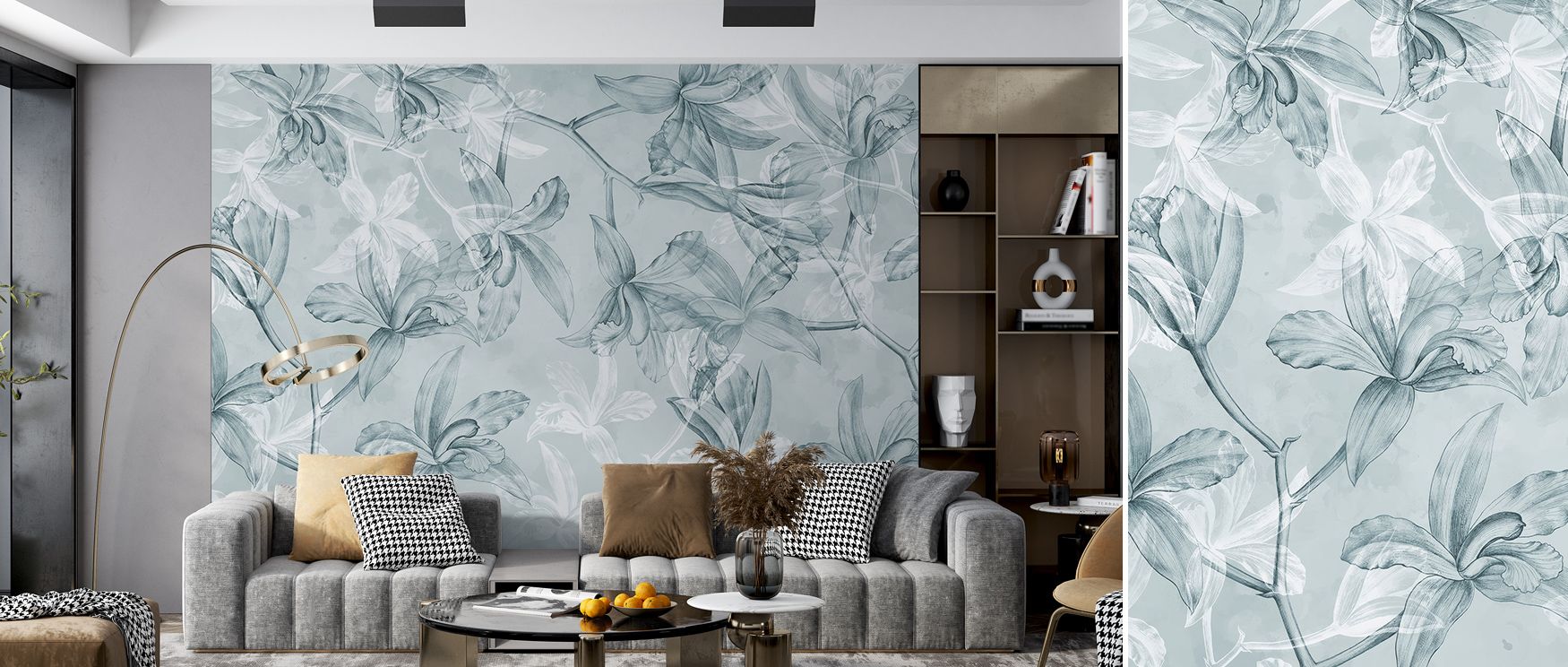 Botanical harmony enhances Orchids on Water in Teal Wallpaper, blending teal with delicate blooms. Bedrooms and living rooms gain atmosphere filled with refinement, balance, and timeless artistry, surrounding interiors with charm, natural resonance, and e