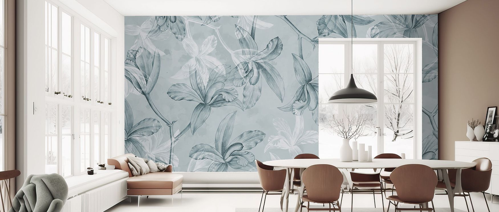 Natural presence thrives in Orchids on Water in Teal Wallpaper, presenting blossoms through serene tones. Bedrooms and living rooms resonate with balance, refinement, and sophistication, creating timeless atmospheres enriched with elegance, artistry, and 