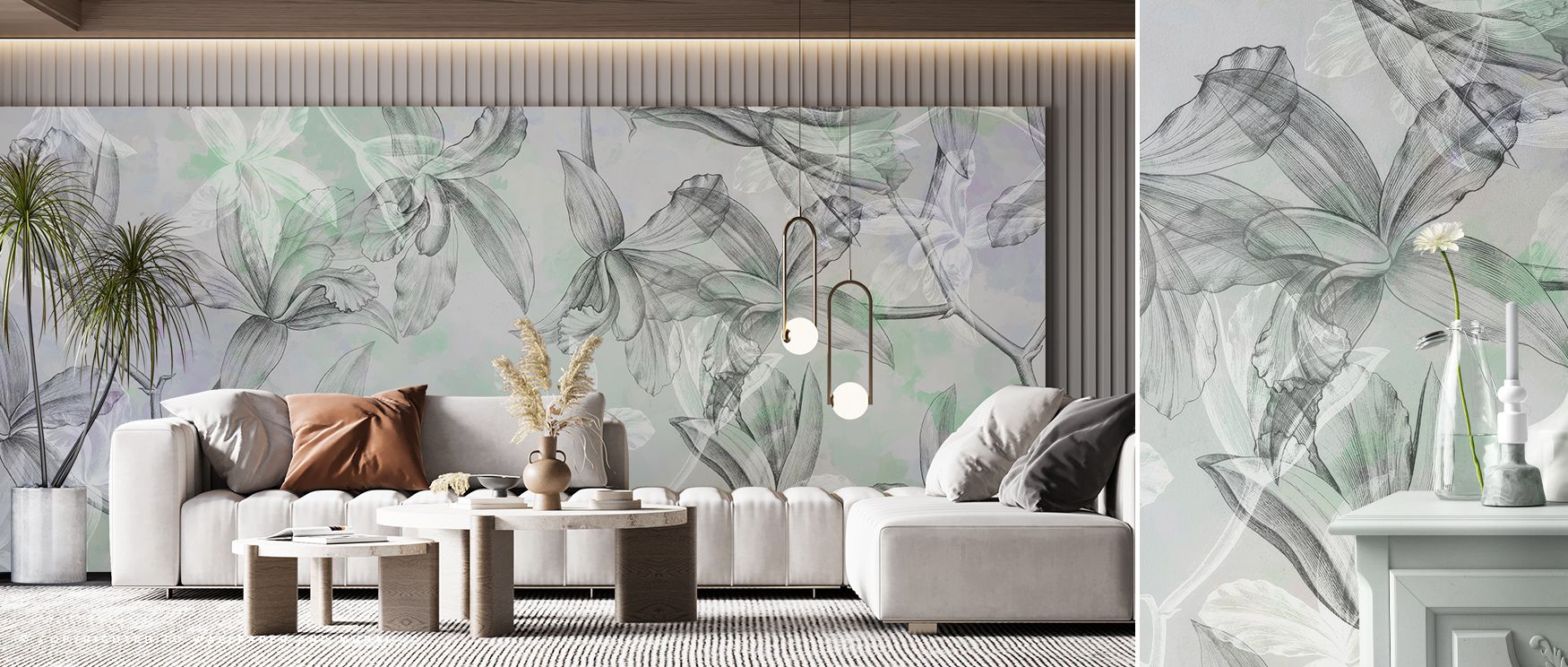 The Orchids on Water Wall Mural conveys poetic calm, where floral imagery enriches interiors with elegance. Its tones enhance atmosphere of refinement. Bedrooms, offices, or living rooms glow with sophistication, filled with timeless artistry and cultural