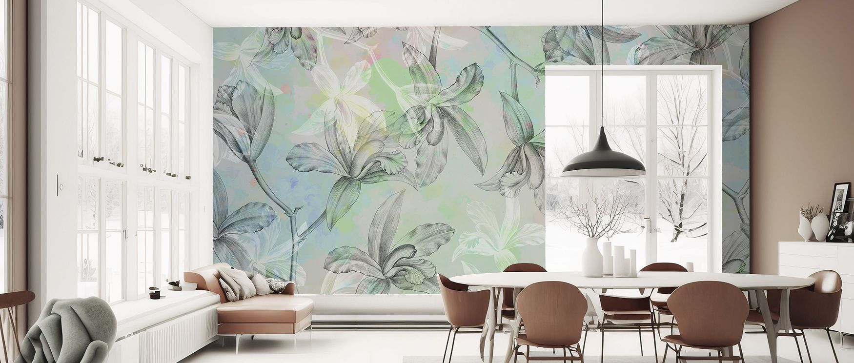 Botanical resonance thrives in Orchids on Water HHH Wallpaper, blending blossoms with calm tones. Bedrooms and living rooms are transformed into serene spaces enriched with refinement, artistry, and elegance, surrounding interiors with timeless charm and 