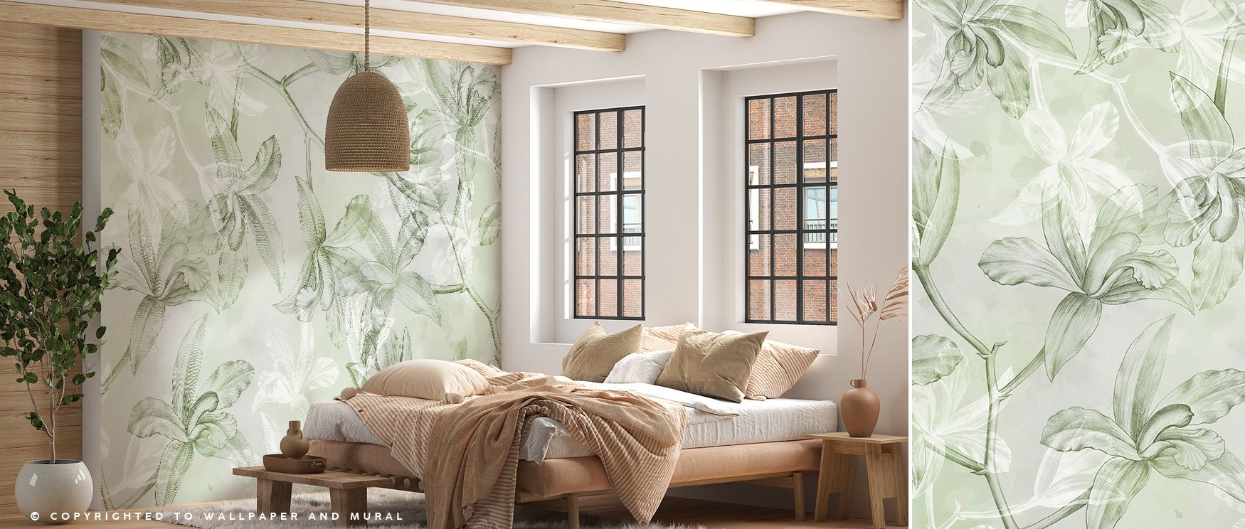 Refined artistry thrives in Orchids on Water RR Wallpaper, blending blossoms with subtle tones. Bedrooms and living rooms are elevated with elegance, charm, and timeless resonance, surrounding interiors with atmosphere filled with natural sophistication a
