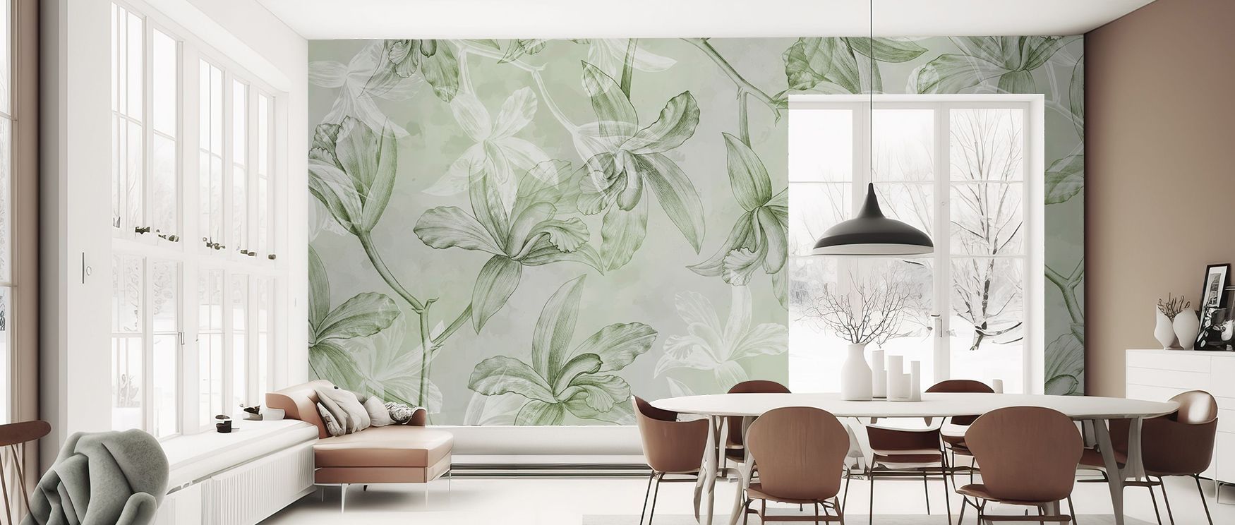Botanical artistry appears in Orchids on Water RR Wallpaper, blending blossoms into refined tones. Bedrooms and living rooms resonate with charm, natural grace, and timeless resonance, surrounding interiors with atmosphere filled with sophistication, bala