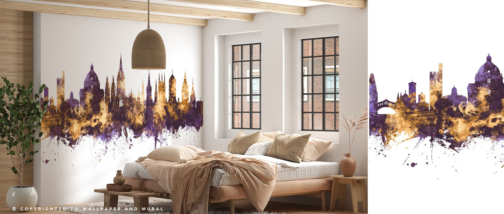 Cultural richness is revealed in Oxford England Skyline Purple & Gold Wallpaper, with purple and gold tones illuminating landmarks. Bedrooms and living rooms are transformed into luxurious interiors filled with refinement, balance, and timeless resonance,