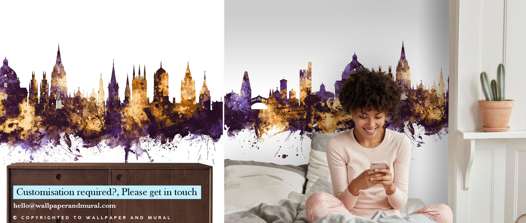 Architectural brilliance defines Oxford England Skyline Purple & Gold Wallpaper, presenting the city in regal tones. Bedrooms and living rooms are enriched with balance, refinement, and cultural identity, surrounding interiors with resonance, charm, and t