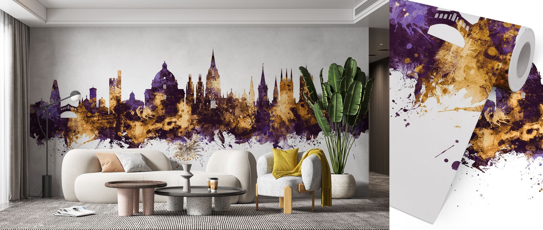 Heritage artistry flourishes in Oxford England Skyline Purple & Gold Wallpaper, blending luminous tones with dramatic depth. Bedrooms and living rooms gain refinement, balance, and sophistication, surrounding interiors with cultural pride and regal resona
