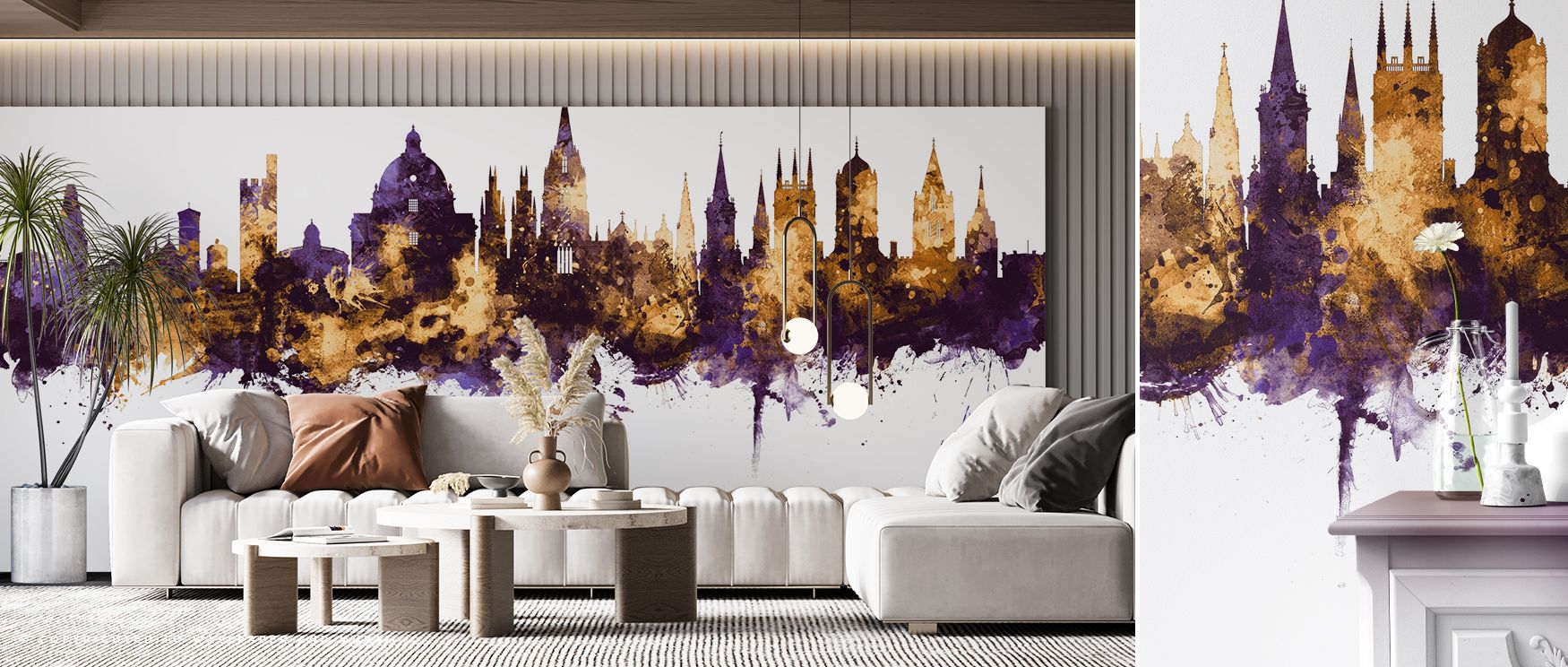 Refined elegance flows in Oxford England Skyline Purple & Gold Wallpaper, presenting purple richness with golden brilliance. Bedrooms and living rooms are elevated with cultural pride, artistry, and balance, surrounding interiors with resonance, sophistic