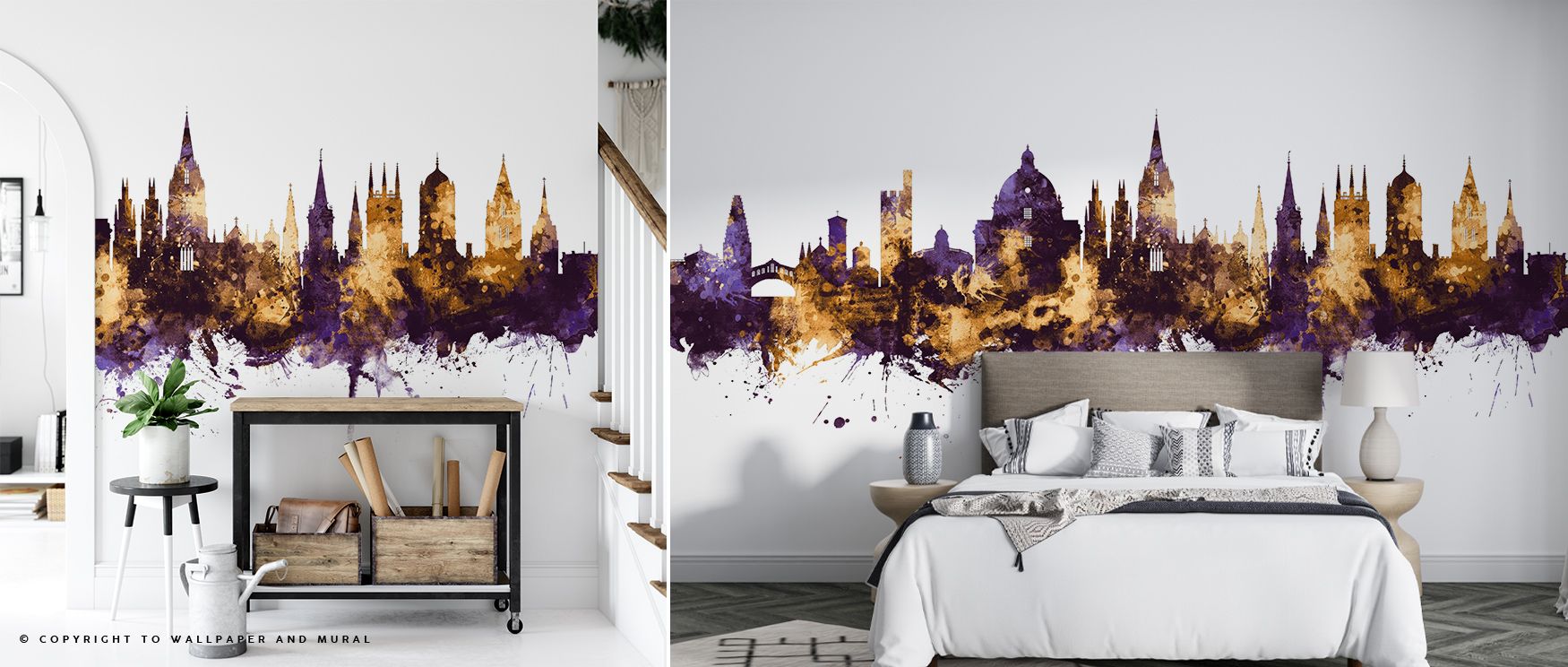Majestic tones define Oxford England Skyline Purple & Gold Wallpaper, capturing heritage with refinement. Bedrooms and living rooms gain resonance, balance, and sophistication, surrounding interiors with cultural pride, elegance, and timeless grandeur.
