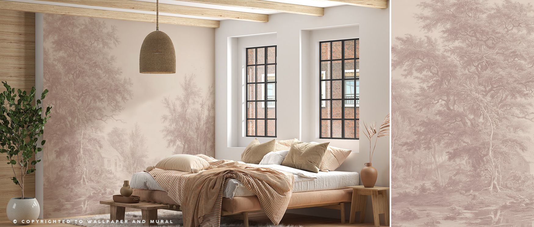Refined tones enrich Painted Master Sepia Wallpaper, presenting motifs in sepia resonance. Bedrooms and living rooms are transformed into spaces filled with charm, timeless elegance, and balance, surrounding interiors with artistry, warmth, and sophistica