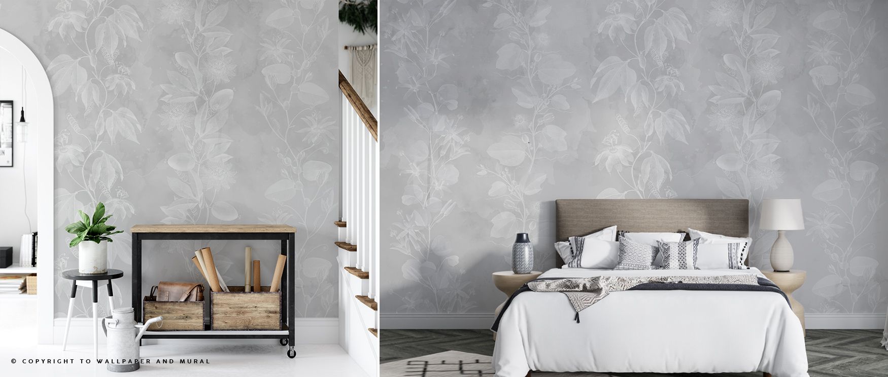Subtle artistry is revealed in Passiflora Light Wallpaper, reflecting blossoms across refined tones. Bedrooms and living rooms resonate with charm, tranquility, and sophistication, surrounding interiors with timeless resonance, balance, and natural elegan