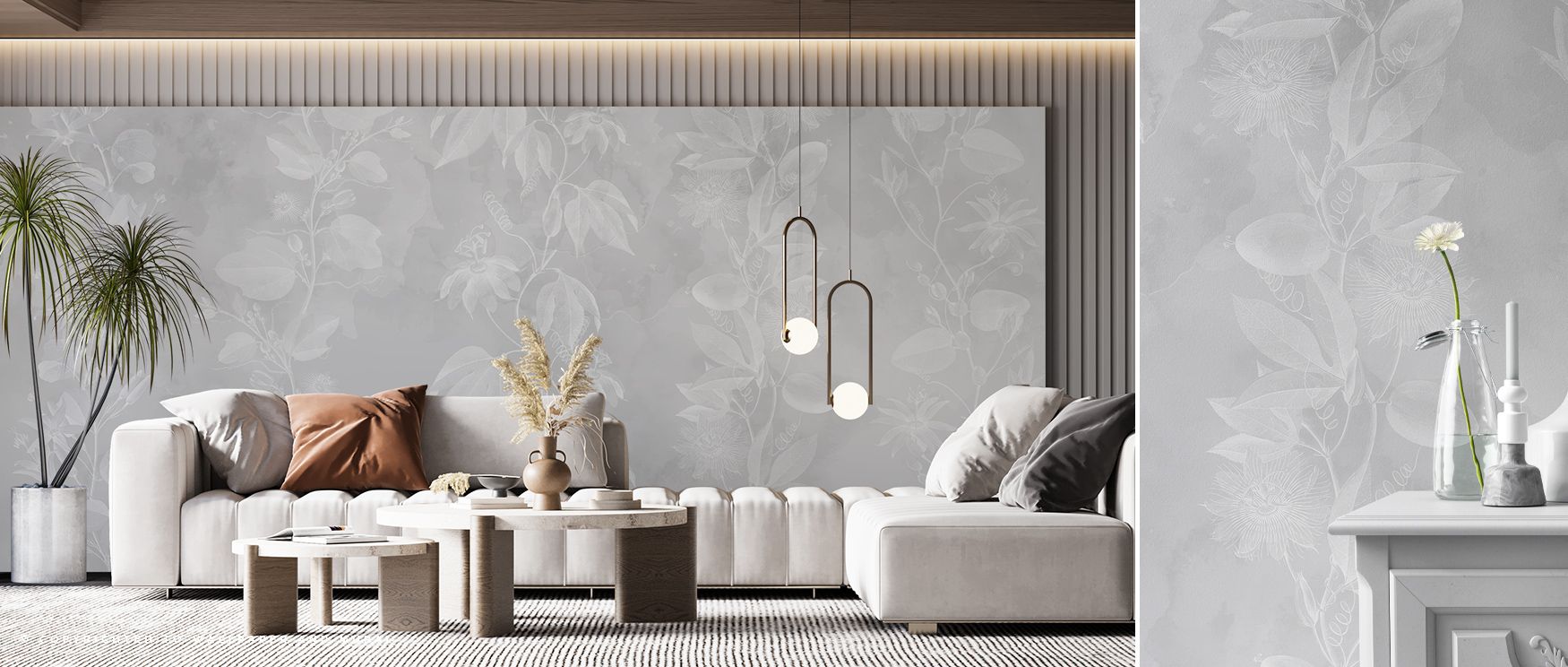 Botanical presence enhances Passiflora Light Wallpaper, presenting blossoms through graceful tones. Bedrooms and living rooms are enriched with refinement, balance, and tranquility, surrounding interiors with resonance, sophistication, and timeless artist
