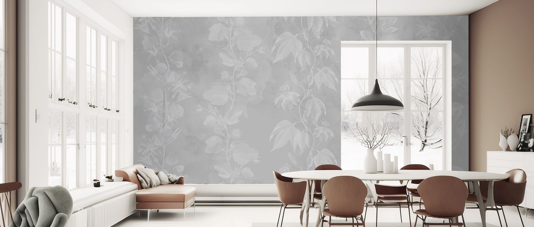 Elegant harmony flows in Passiflora Light Wallpaper, presenting blossoms with delicate artistry. Bedrooms and living rooms resonate with charm, refinement, and tranquility, surrounding interiors with timeless resonance, sophistication, and natural grace t