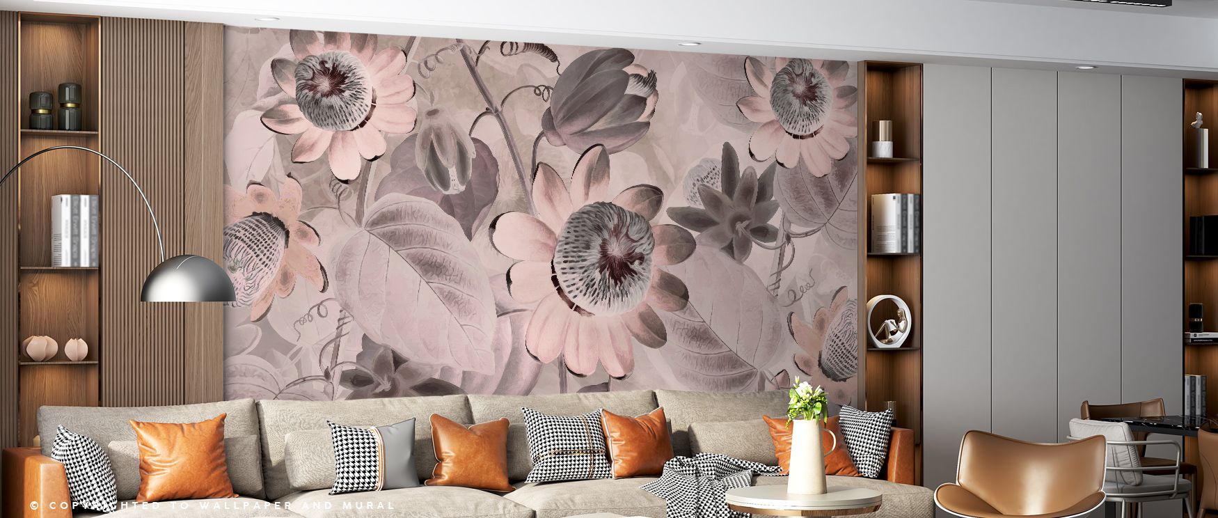 Artistic vitality thrives in Passifloras Emerging Bright Coral Wallpaper, presenting blossoms through bright tones. Bedrooms and living rooms are enriched with resonance, refinement, and sophistication, surrounding interiors with charm, artistry, and time