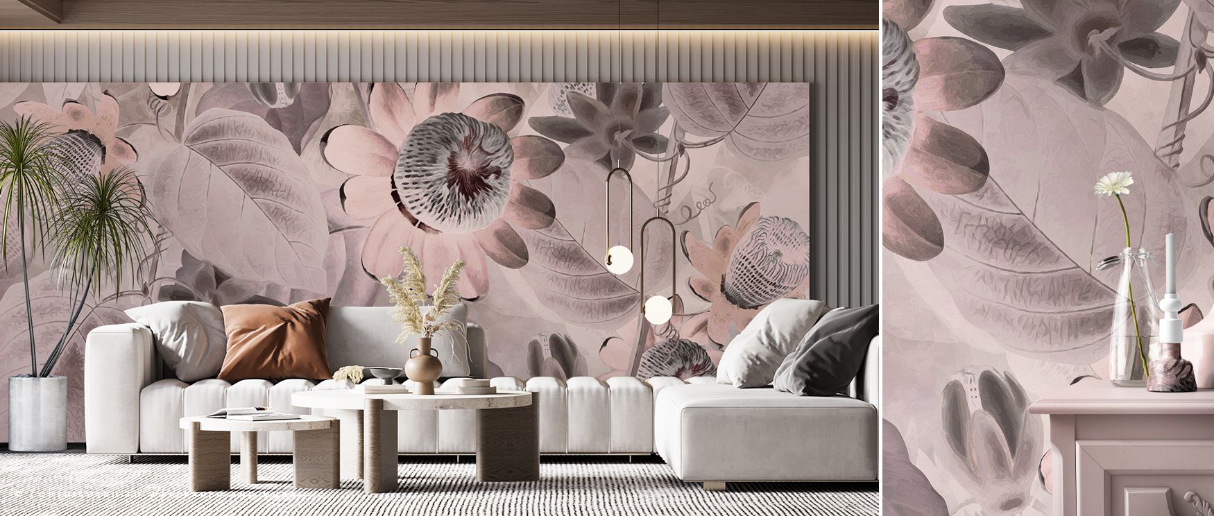 Natural energy flourishes in Passifloras Emerging Bright Coral Wallpaper, presenting blossoms with radiant tones. Bedrooms and living rooms are enriched with refinement, balance, and charm, surrounding interiors with resonance, sophistication, and timeles