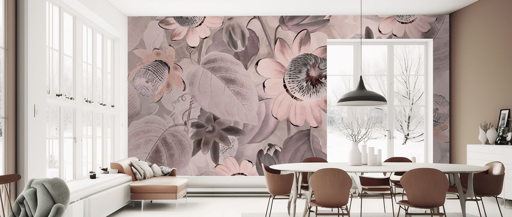 Refined artistry glows in Passifloras Emerging Bright Coral Wallpaper, presenting blossoms in luminous tones. Bedrooms and living rooms are enriched with balance, refinement, and charm, surrounding interiors with resonance, sophistication, and timeless vi