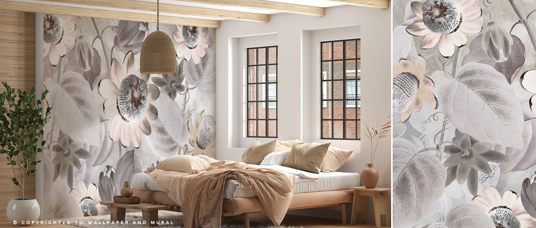 Natural charm is revealed in Passifloras Emerging Bright Wallpaper, presenting blossoms in vivid tones. Bedrooms and living rooms are enriched with refinement, resonance, and sophistication, surrounding interiors with balance, artistry, and timeless vibra
