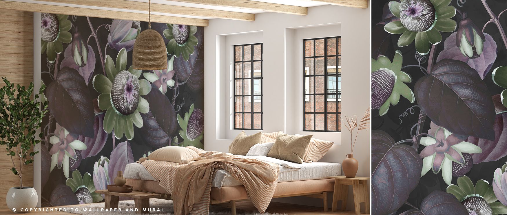 Gentle brilliance radiates from Passifloras Emerging Green Wallpaper, presenting floral imagery in soothing tones. Bedrooms and living rooms are enriched by refinement, balance, and charm, surrounding interiors with natural resonance, artistry, and timele